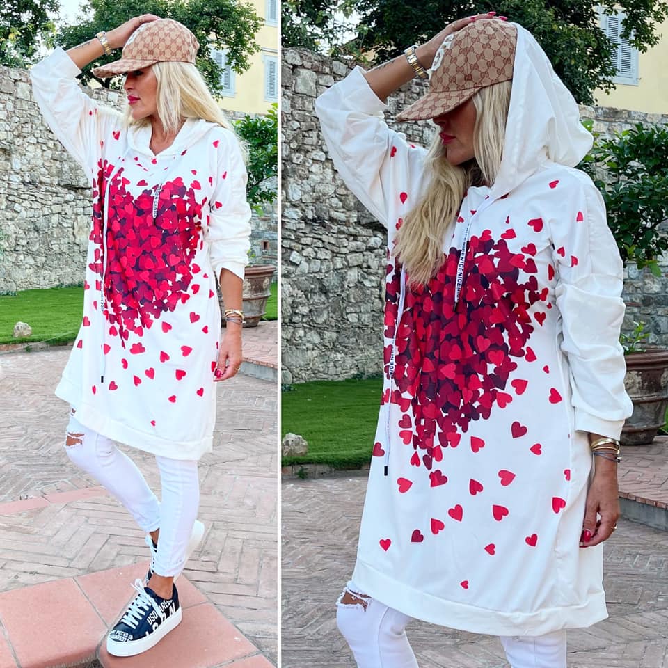 dlouhá mikina s kapucí, srdce